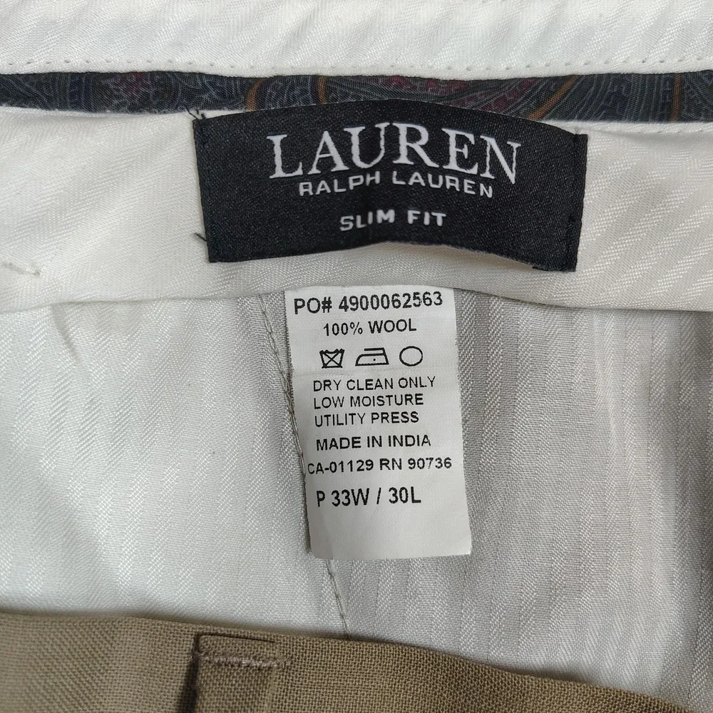 Lauren Ralph Lauren Dress‎ Pants Mens 33x27 Tan Slim Fit Solid 100% Wool